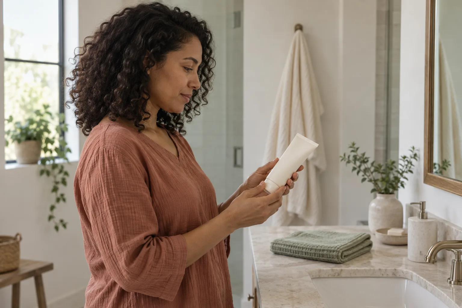 A woman reviewing a plain closed body-wash tube at a bathroom counter with a pale robe hanging nearby