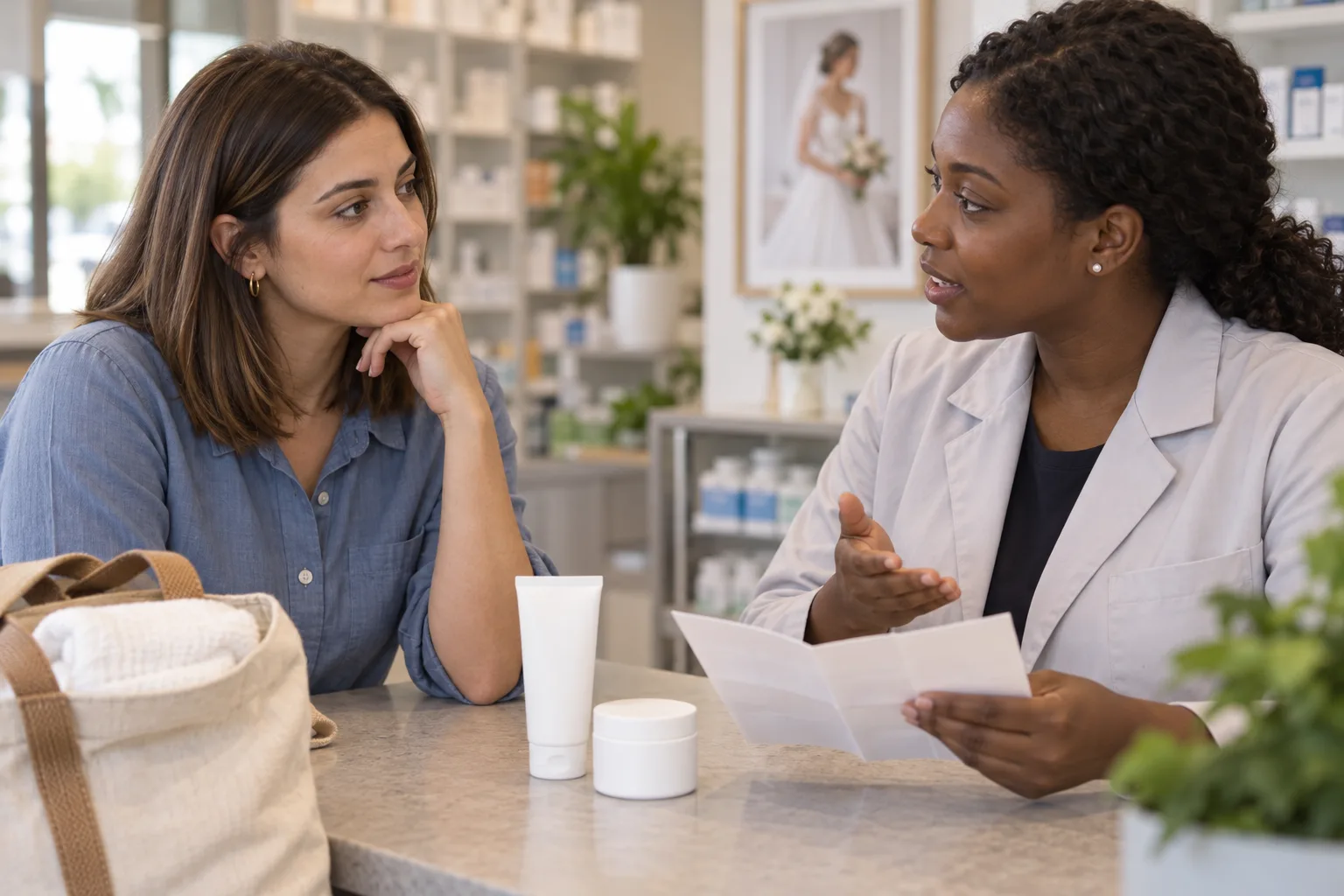 A bride-to-be discussing topical acne products and instructions with a pharmacist