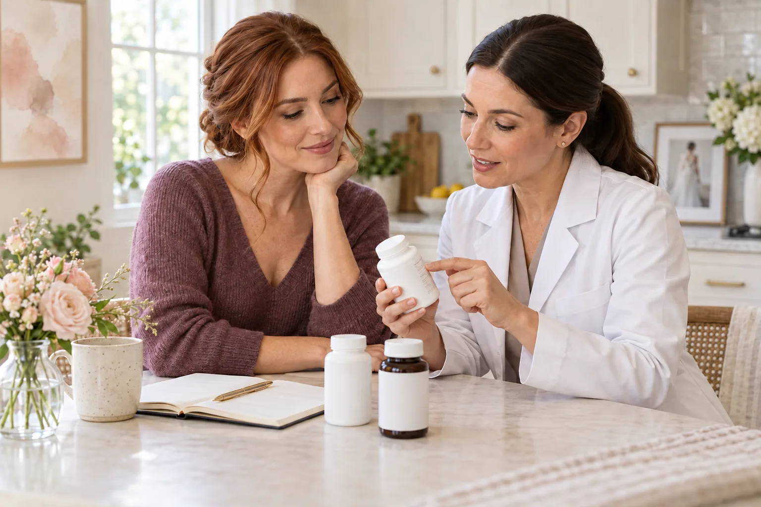 A woman in a plum sweater reviewing supplement bottles and a notebook with a pharmacist