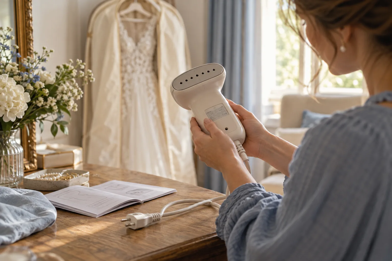 A woman in a dusty blue sleeve examines the label of an unplugged garment steamer beside its instructions, with a wedding dress behind her.