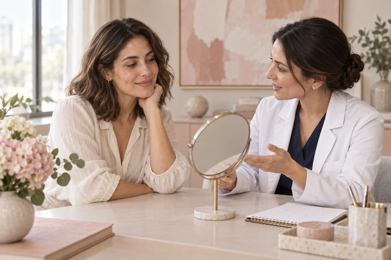 A woman discussing a mirror and appointment plan with a dermatologist