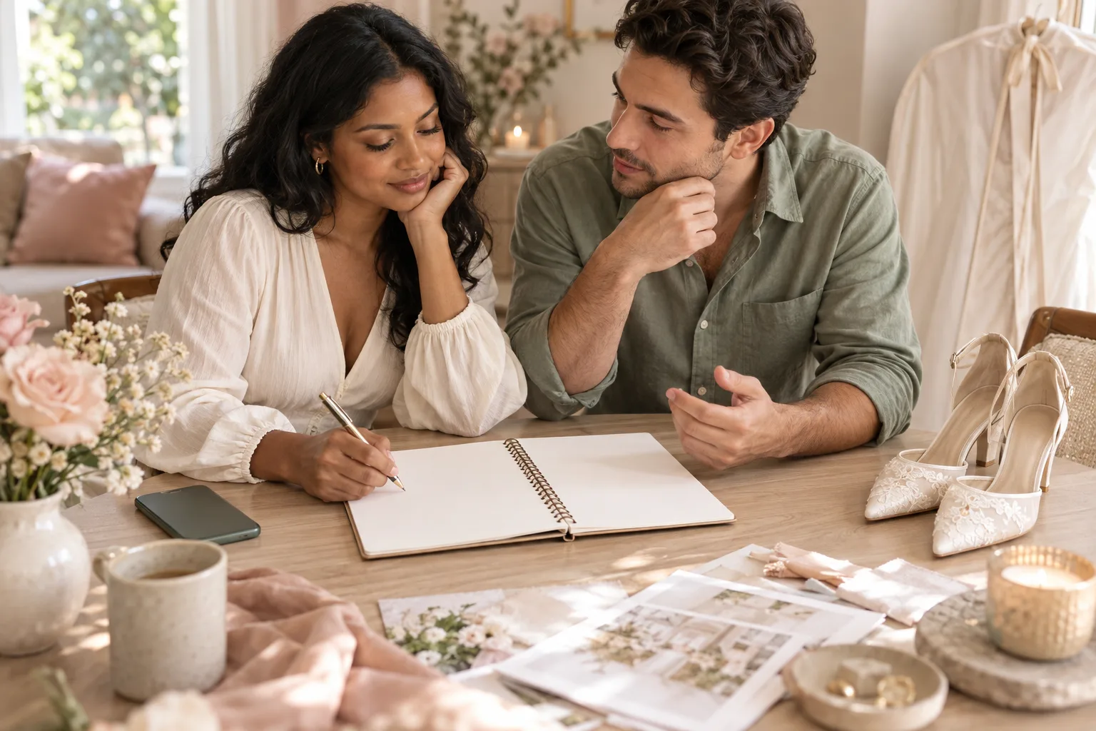A woman and her partner organizing a blank planning notebook, shoes and a garment bag at a home table
