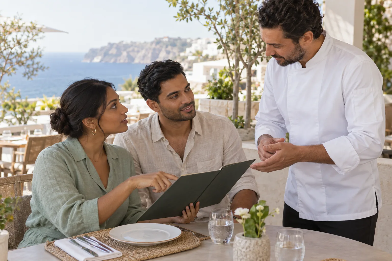 A honeymoon traveler in a pale green blouse discussing a meal plan with a chef beside a plain menu and clean place setting