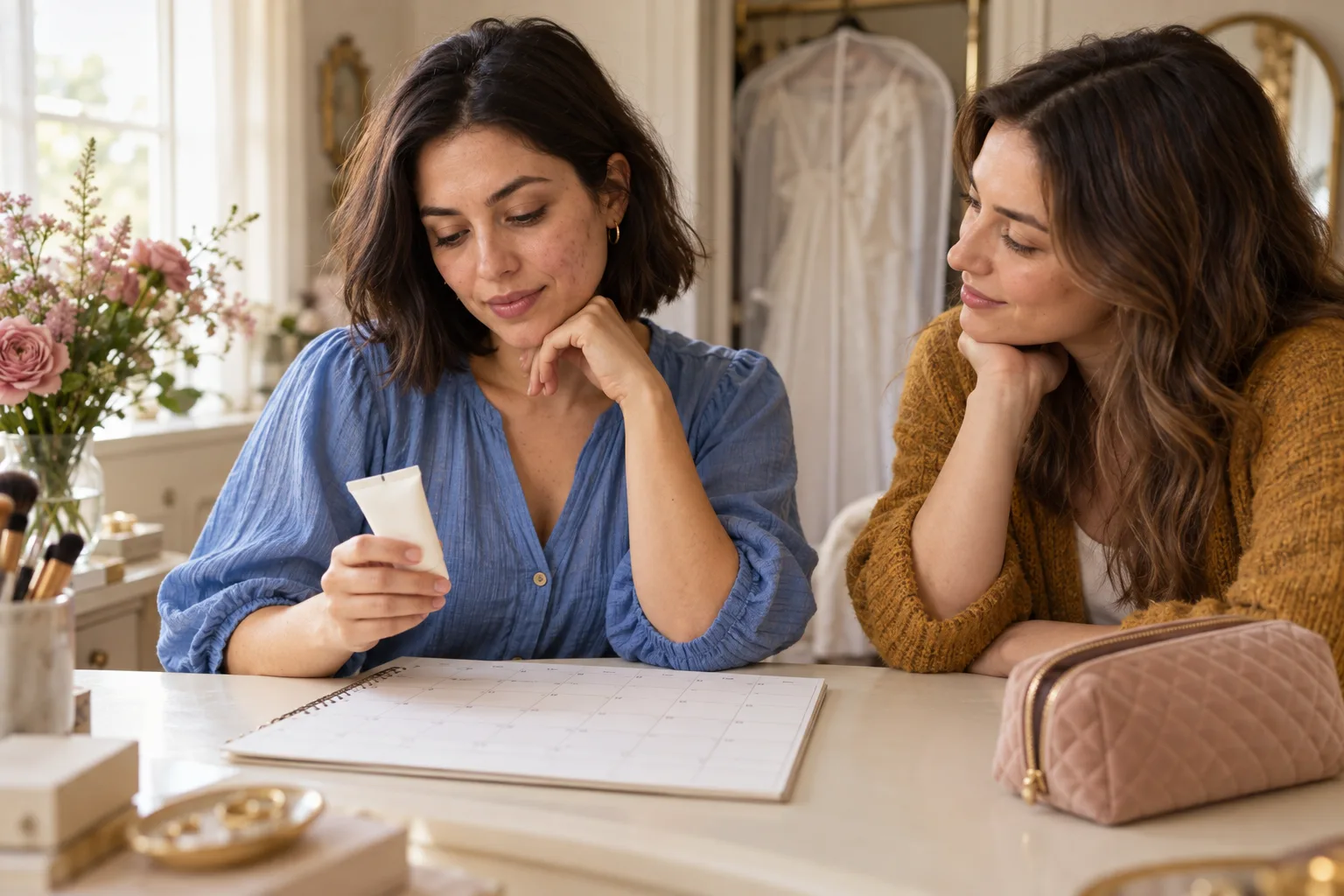 A woman in a blue blouse holds a plain closed cream tube while a friend in an ochre cardigan looks at the calendar.