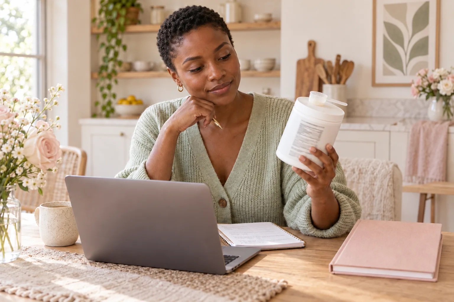 A woman reviewing a plain supplement container and notes at her kitchen table