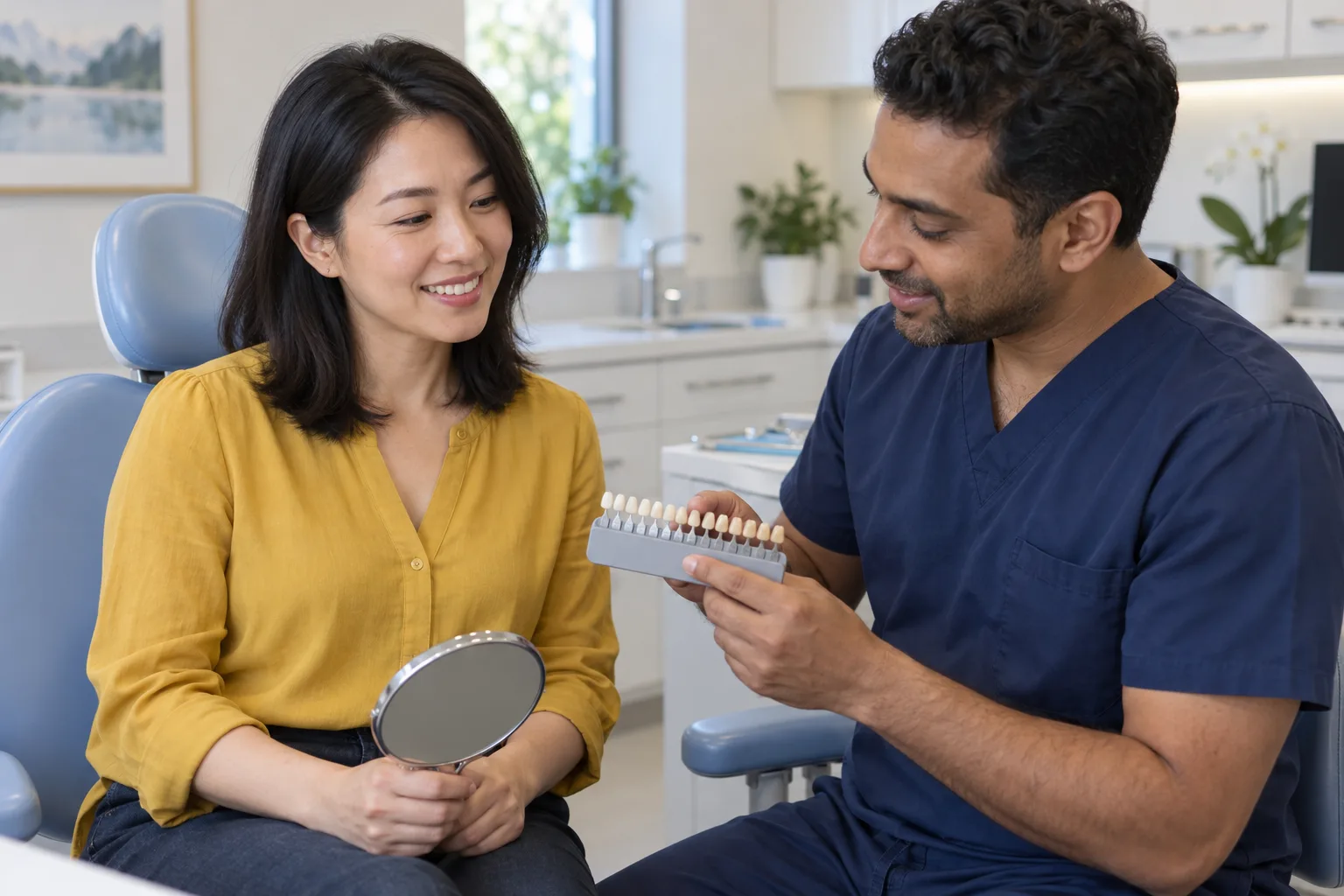 A woman and dentist discussing tooth shade options at a dental consultation, with a hand mirror on her lap