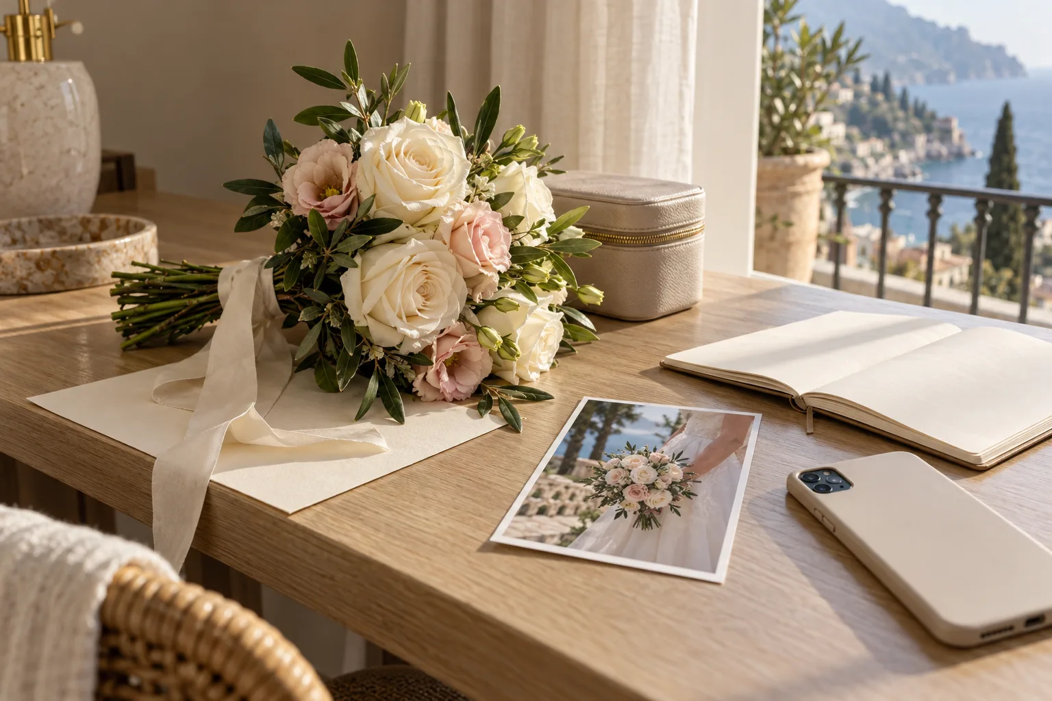 An ivory and blush wedding bouquet with ribbon, a notebook and a small bouquet photograph on a hotel desk