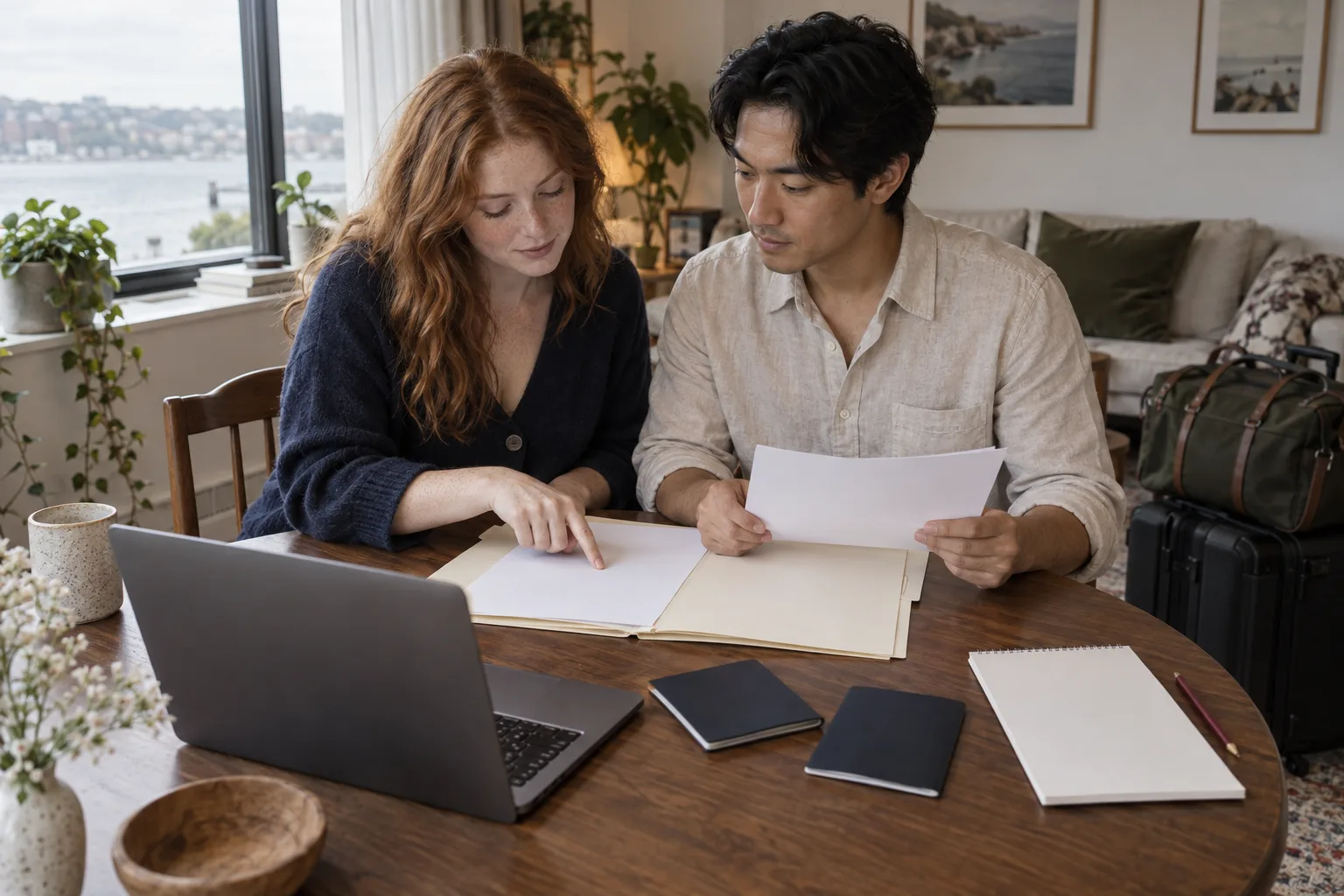 An engaged couple organizing a document folder and closed passports at their dining table