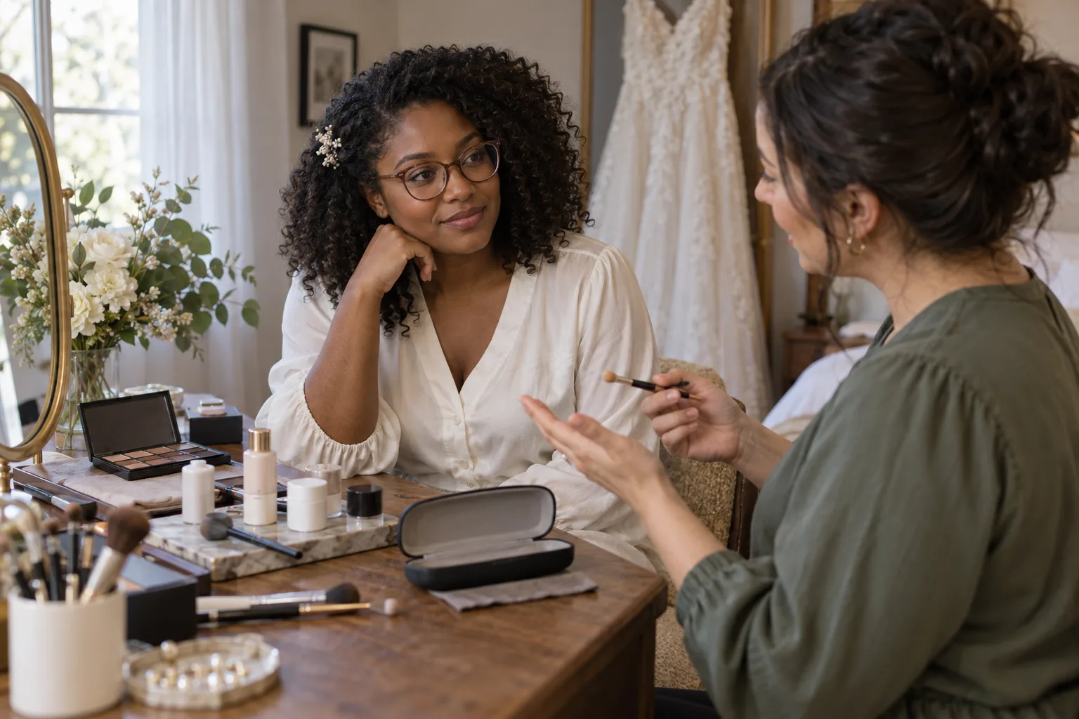 A bride wearing glasses discussing a simpler makeup plan with an artist beside makeup products and a glasses case