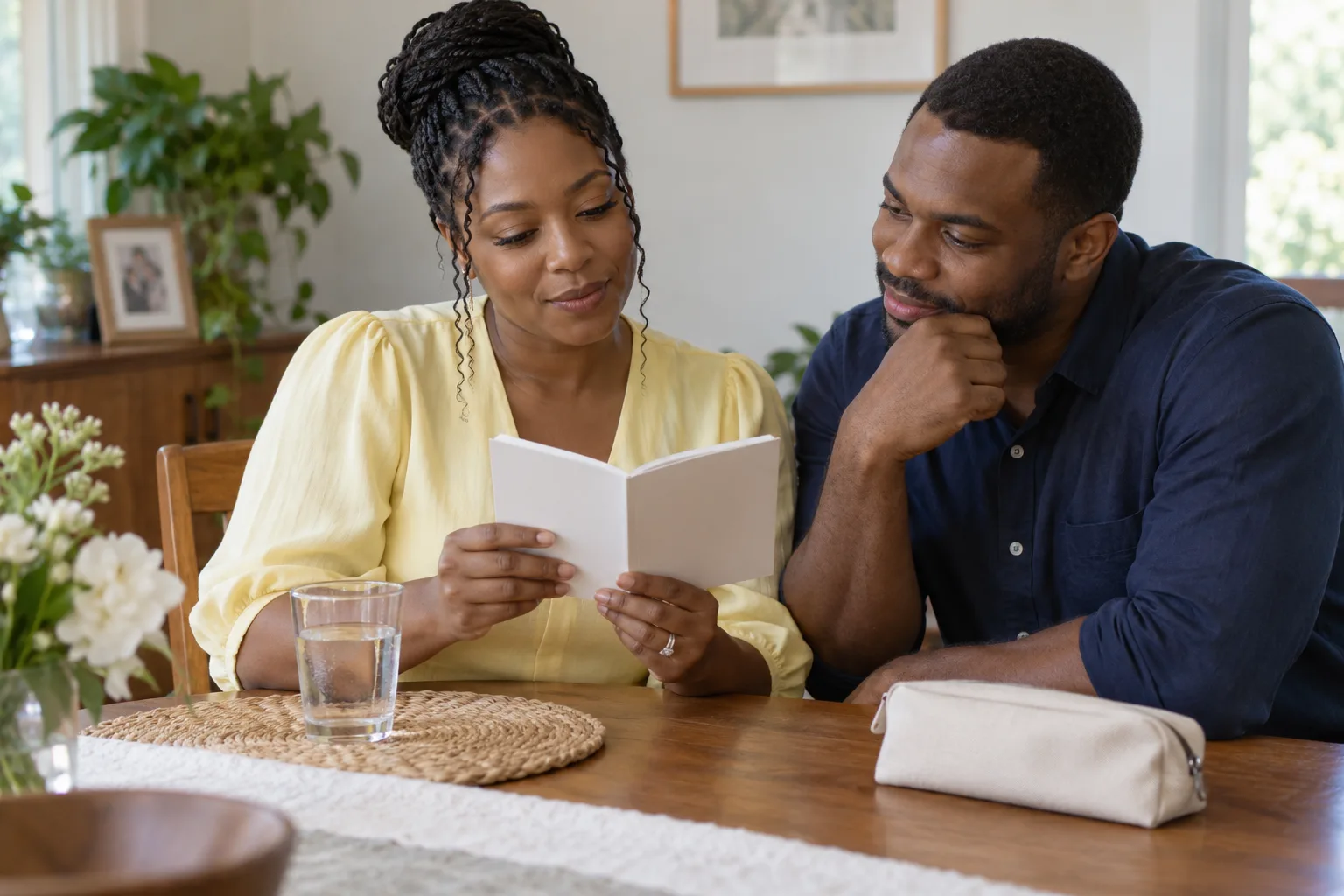 A bride in a pale yellow blouse rehearsing a speech with her partner beside a glass of water and closed mouth-care kit