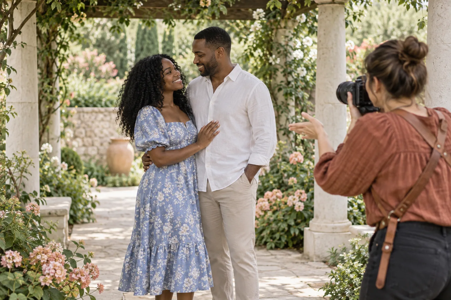 A couple in a shaded garden receiving comfortable posing direction from their photographer