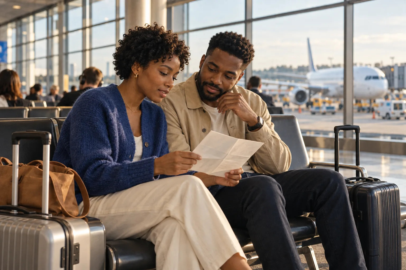 A couple reviewing a paper itinerary together in an airport lounge with carry-on luggage