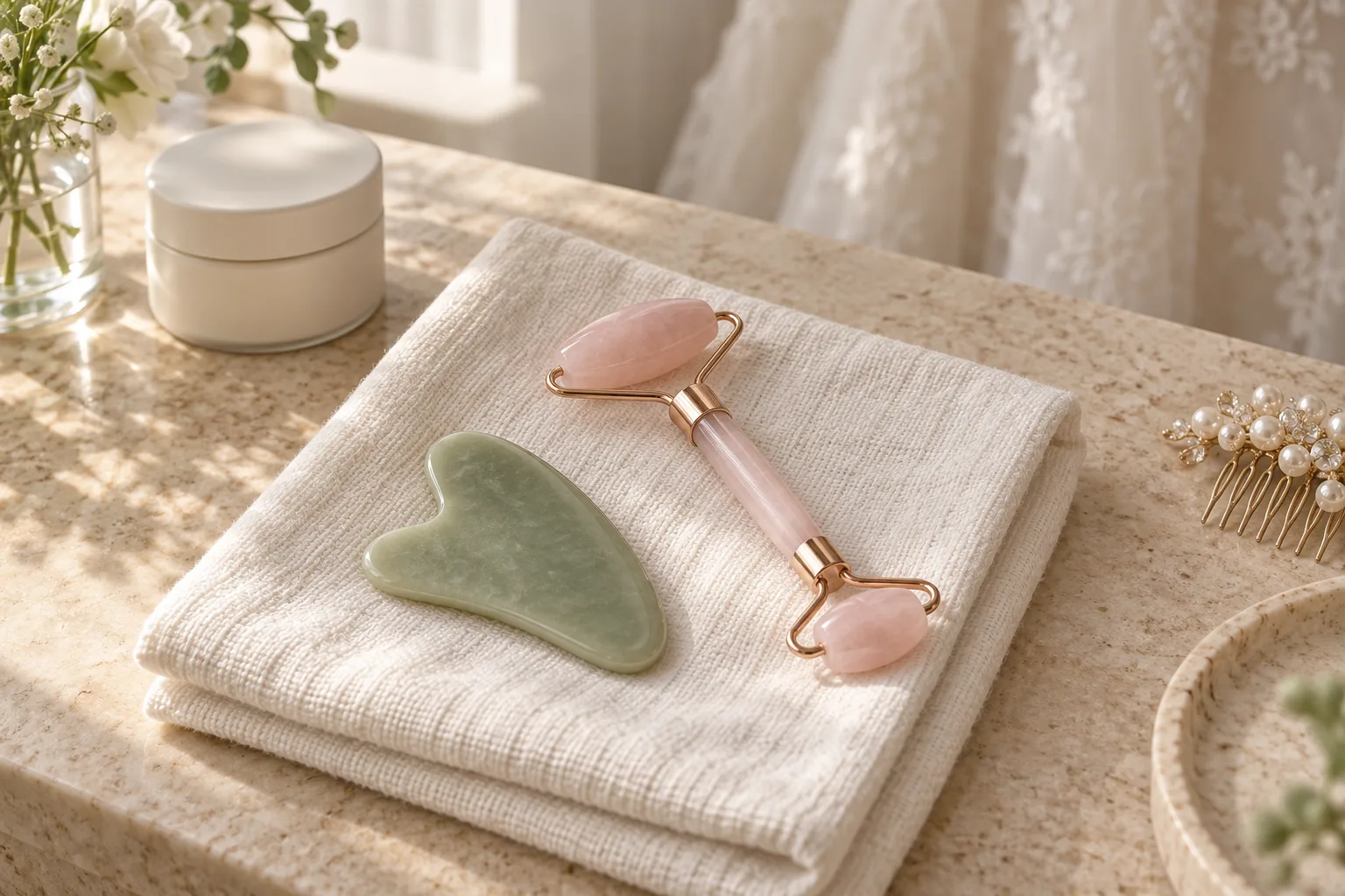 A sage gua sha stone and rose-quartz roller resting separately on ivory linen beside a pearl hair comb