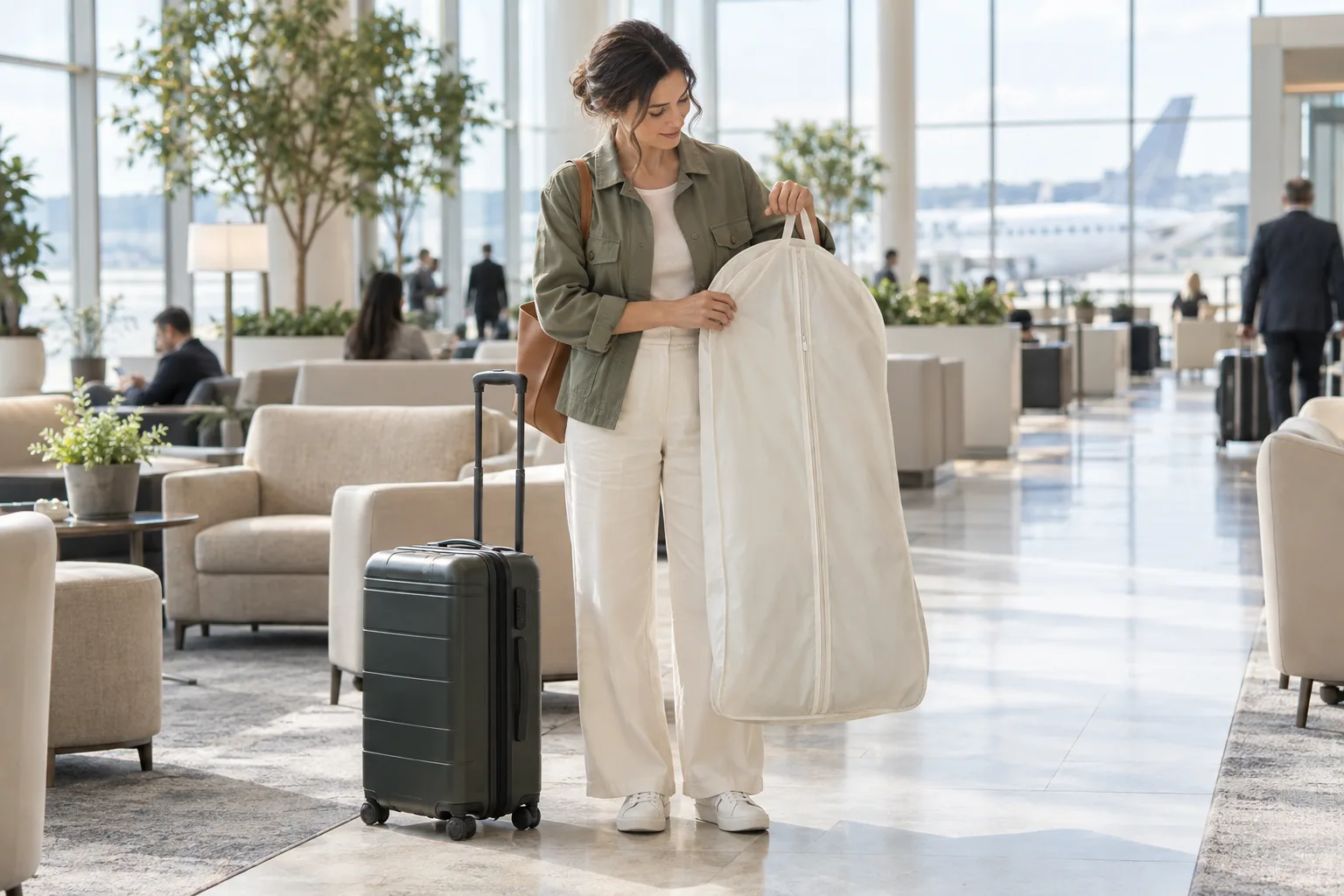 A traveler in a sage jacket checking a protected ivory garment bag beside luggage in a bright airport lounge