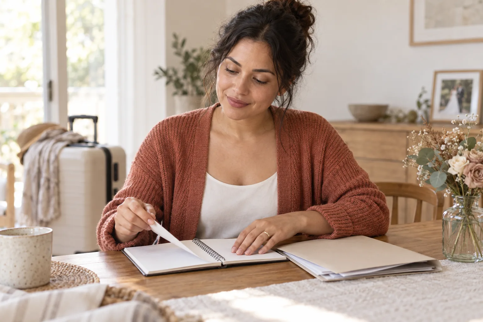 A newlywed organizing appointment notes at home after returning from travel