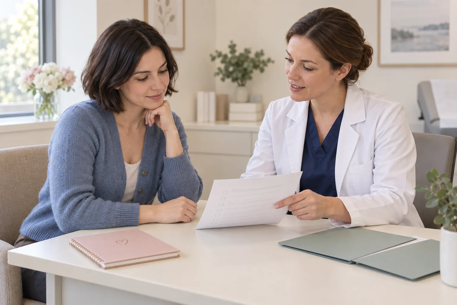 A woman discussing a written pre-procedure checklist with an anesthesiologist