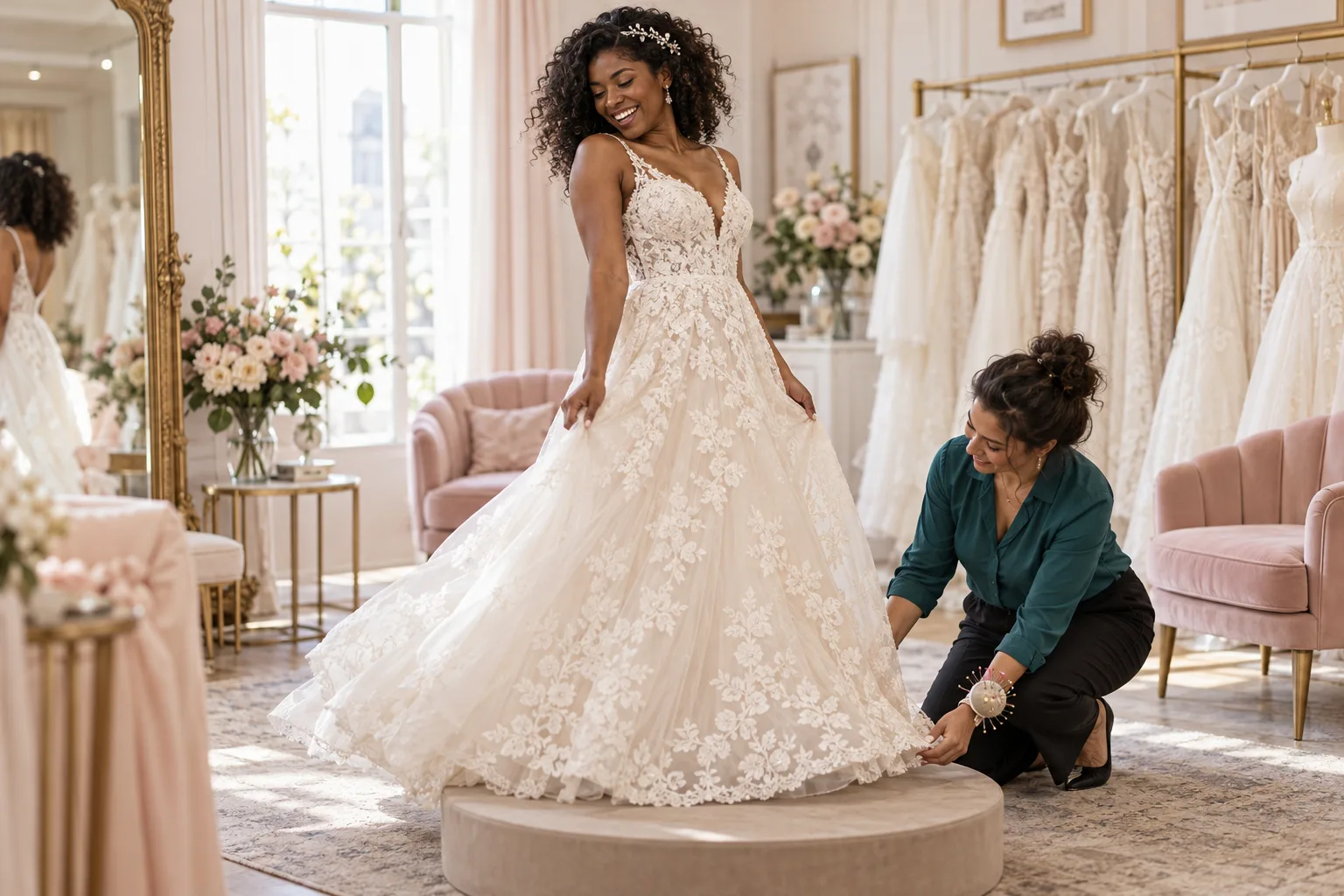 A smiling bride at her dress fitting while a seamstress pins the back of a lace gown