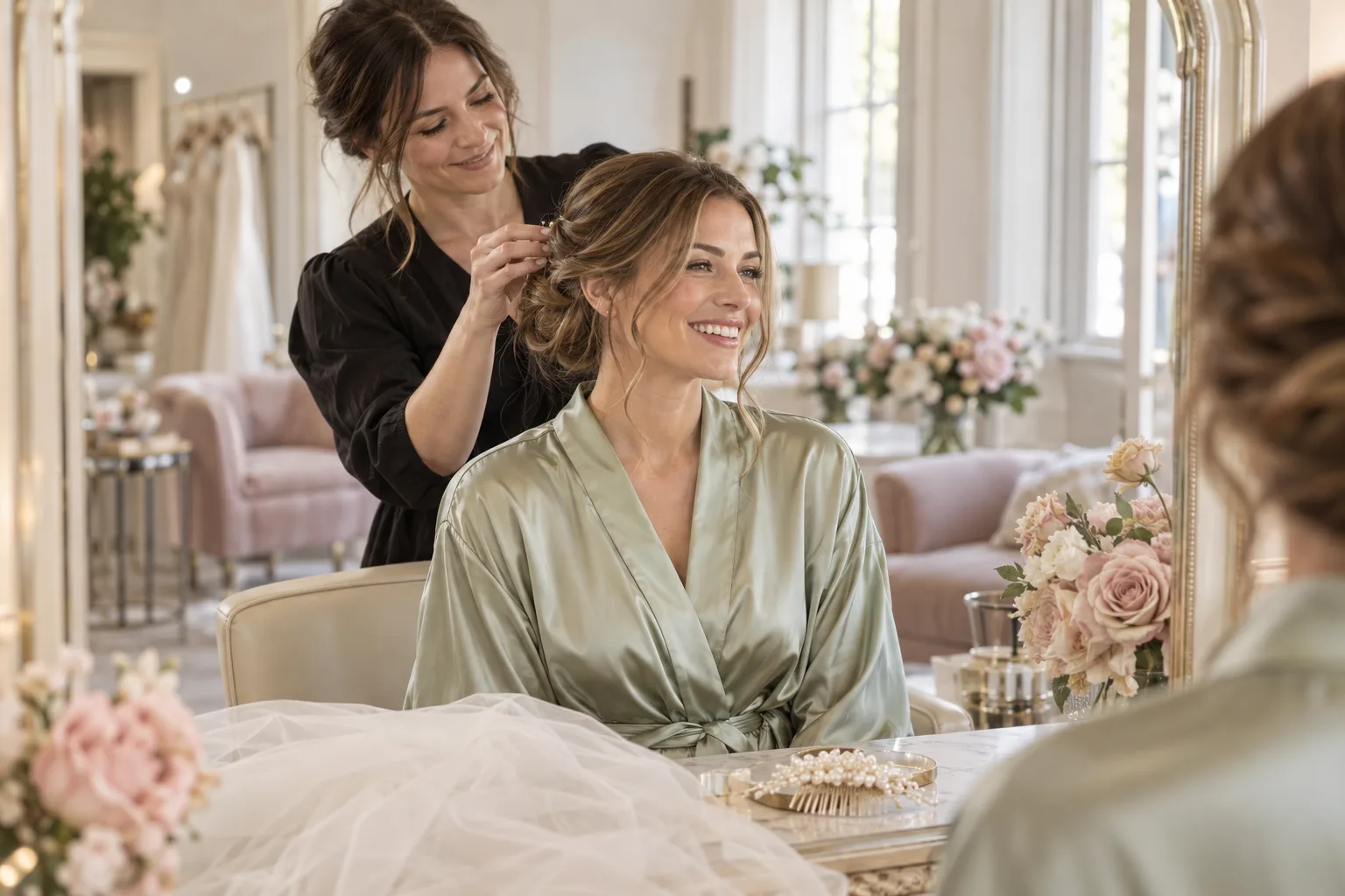 A bride smiling at a mirror while a stylist gently pins a soft, low updo at her hair trial