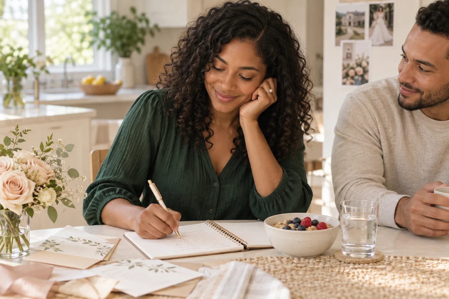 A bride-to-be in a green blouse making meal notes beside oatmeal, berries and a glass of water