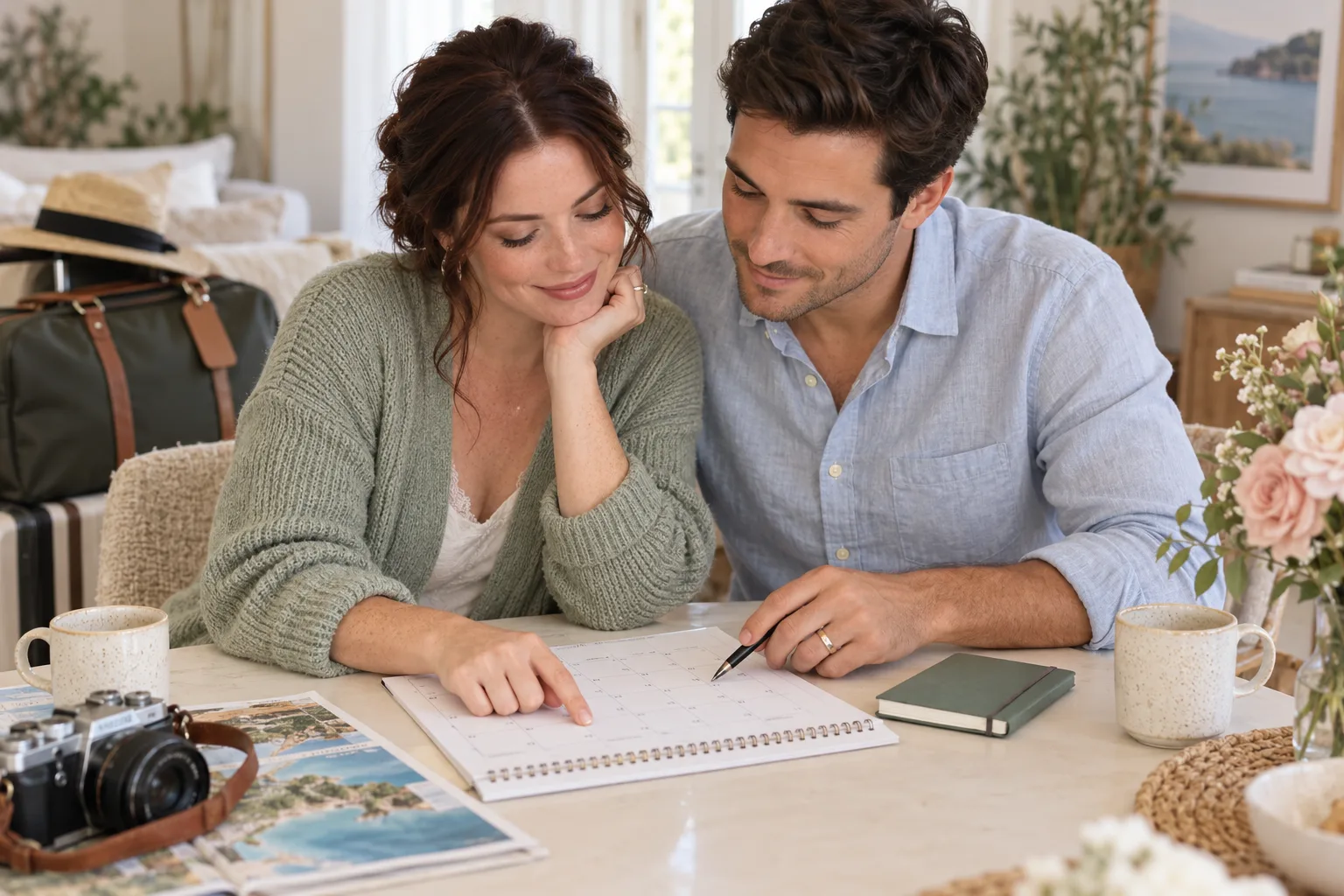 A newlywed couple reviewing a calendar and notebook together at a cream table