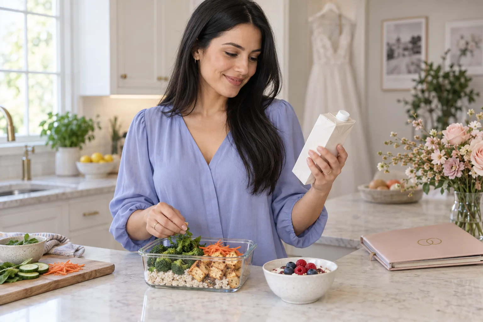 A bride-to-be in a periwinkle blouse preparing a tofu and rice lunch beside yogurt at a kitchen counter