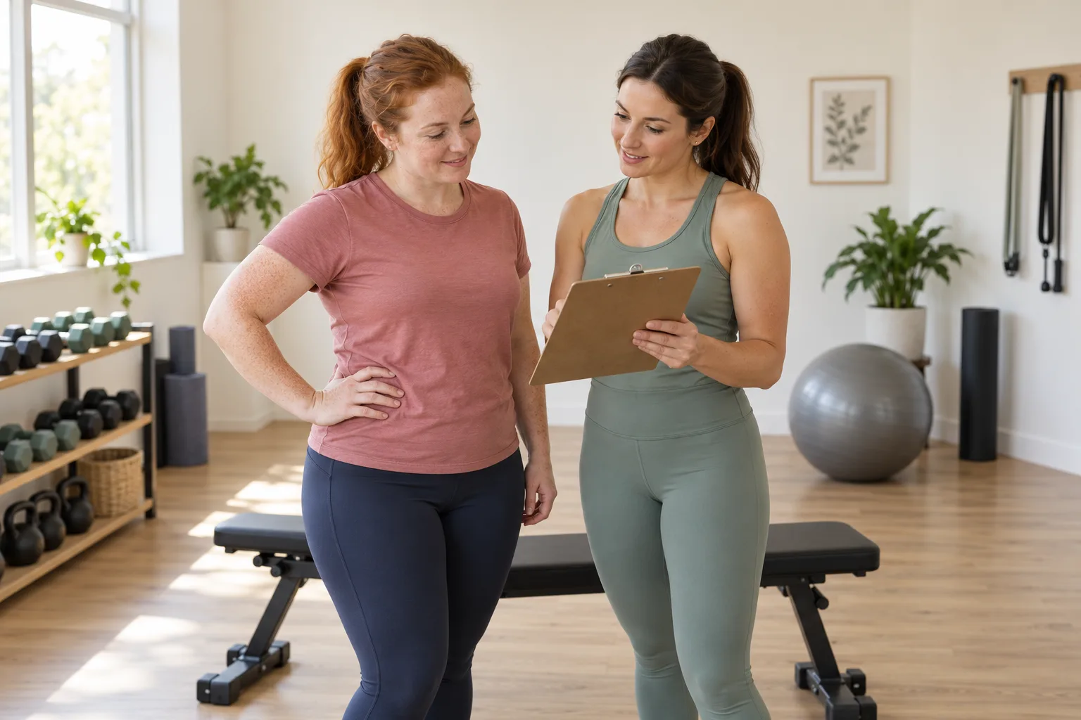 A woman discussing a training plan with an instructor beside an exercise bench