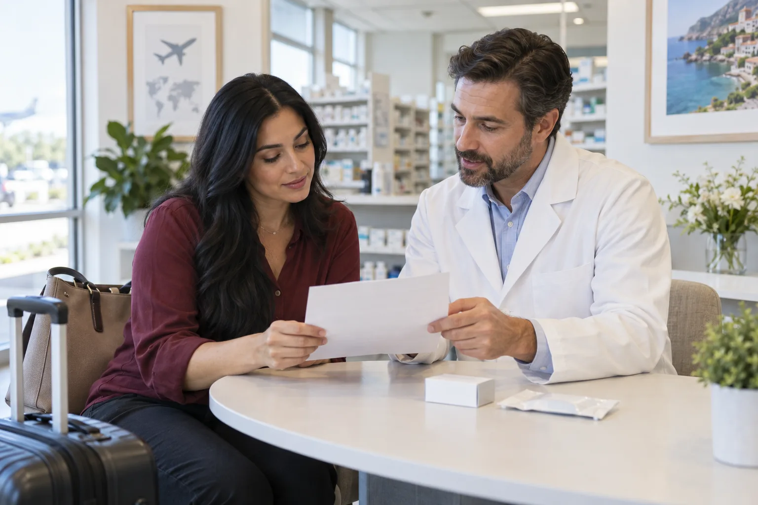 A woman reviewing medicine packaging with a pharmacist at a consultation table, with a closed medicine carton and unopened supply packet