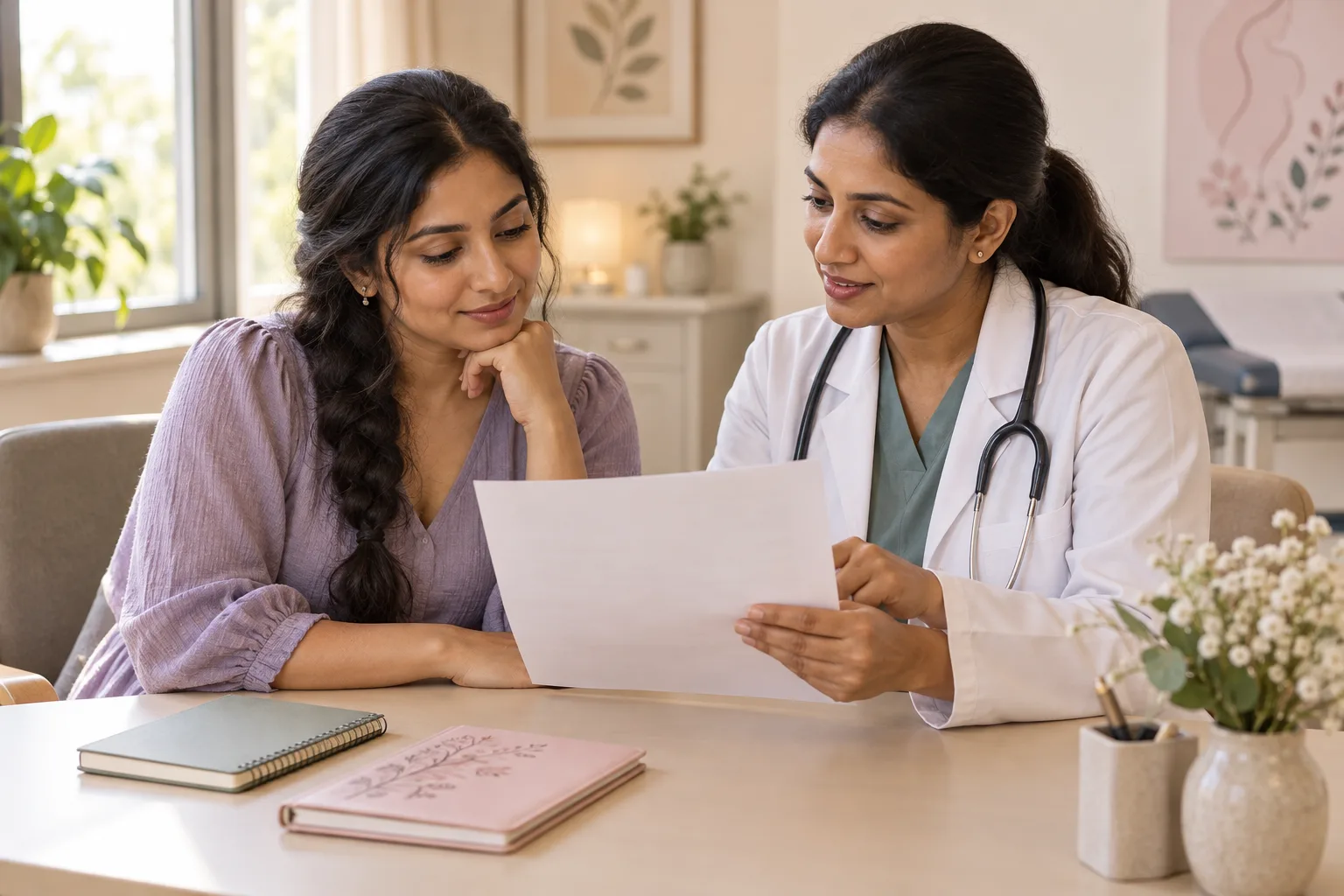 A woman reviewing a laboratory report and notebook with her clinician