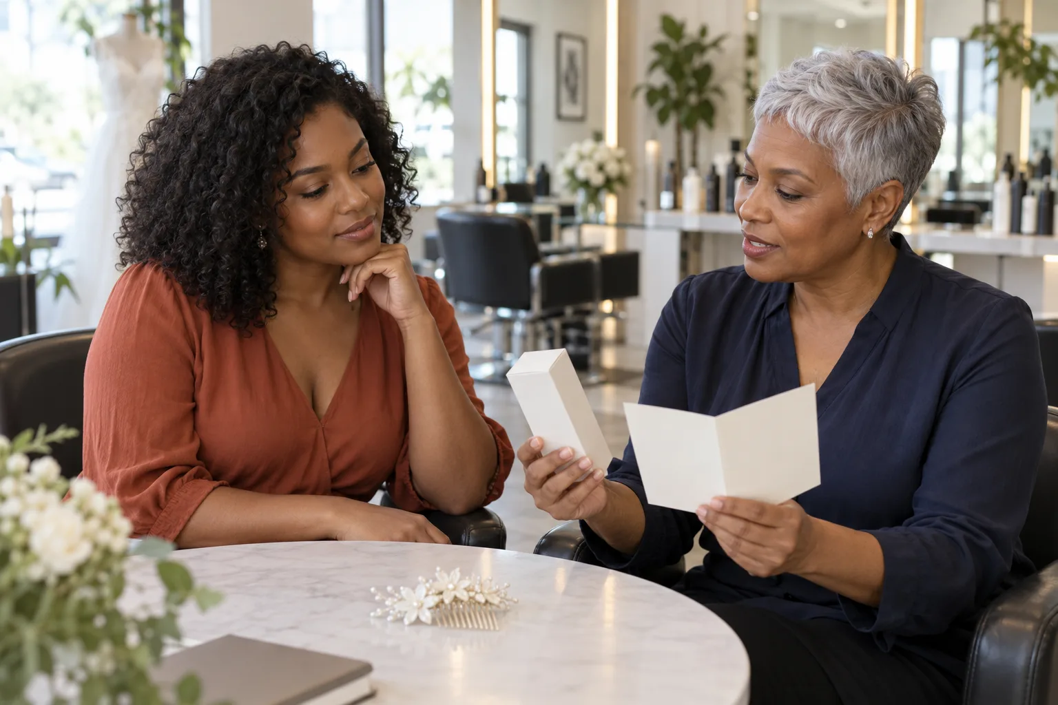 A bride-to-be with natural curls discussing product information with a silver-haired stylist before booking a treatment