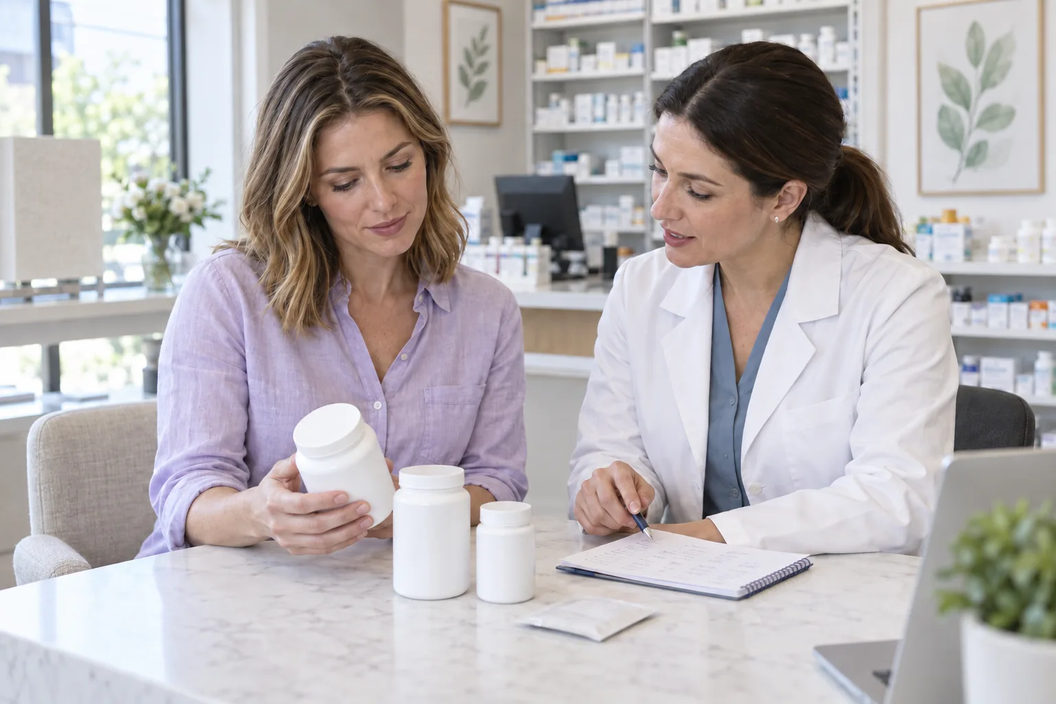 A bride in a lavender shirt reviewing several closed supplement containers and a written inventory with a pharmacist