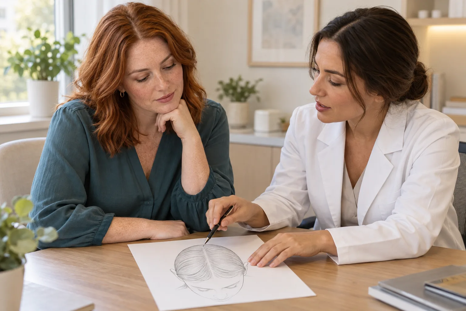 A woman with auburn hair discussing a scalp sketch with a clinician at a consultation desk