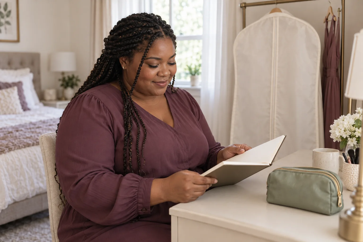 A woman in a plum blouse reviewing care notes beside a garment bag and a small plain supply pouch at home