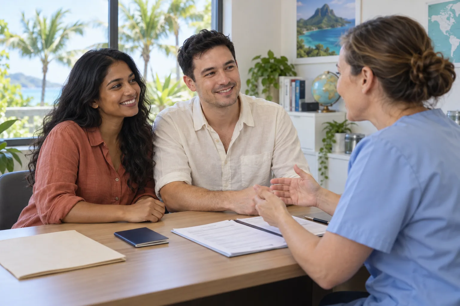 A honeymoon couple consulting a clinic professional about travel care beside a folder of documents
