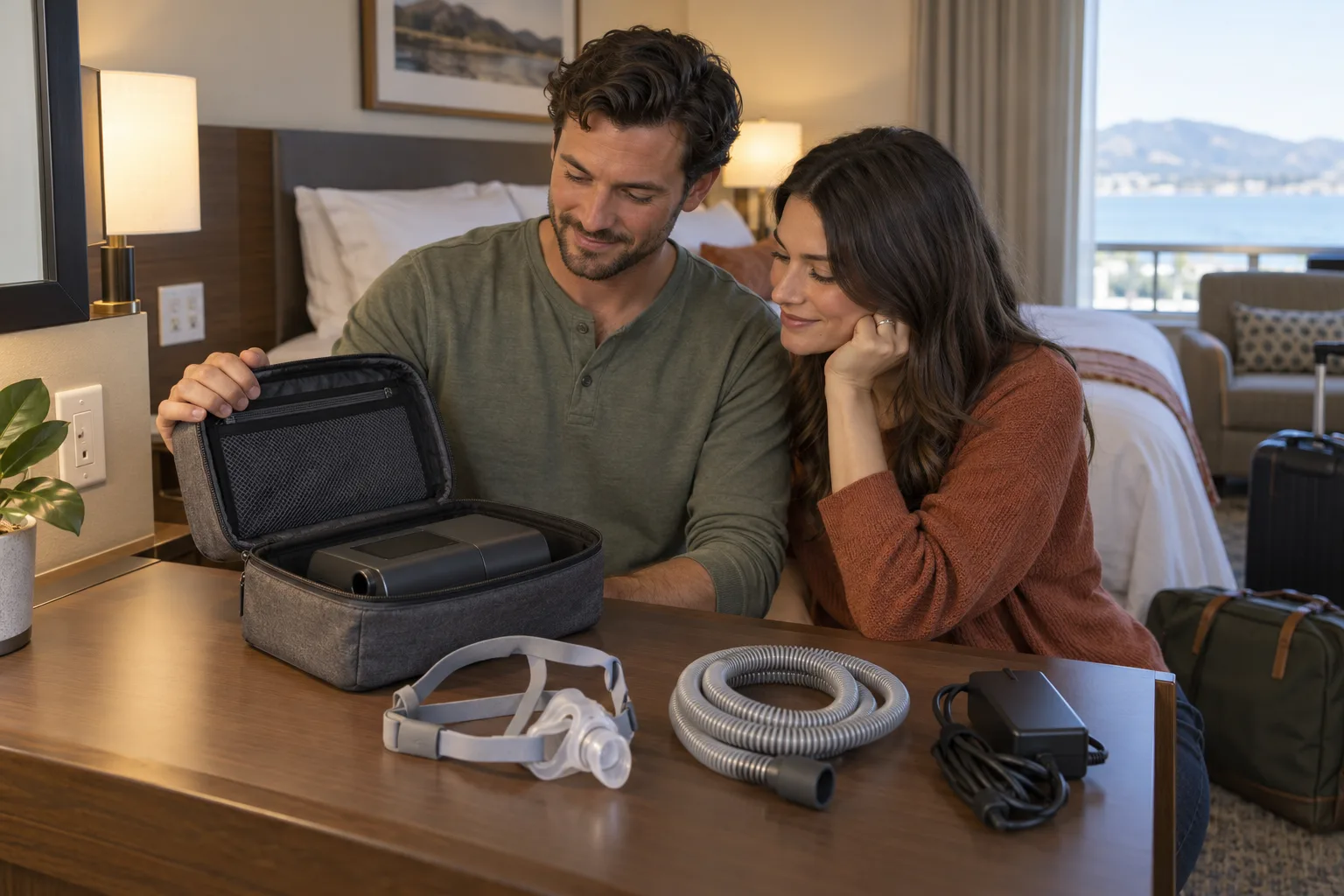 A couple checking a packed CPAP machine, mask, tubing and power supply at a hotel bedside table