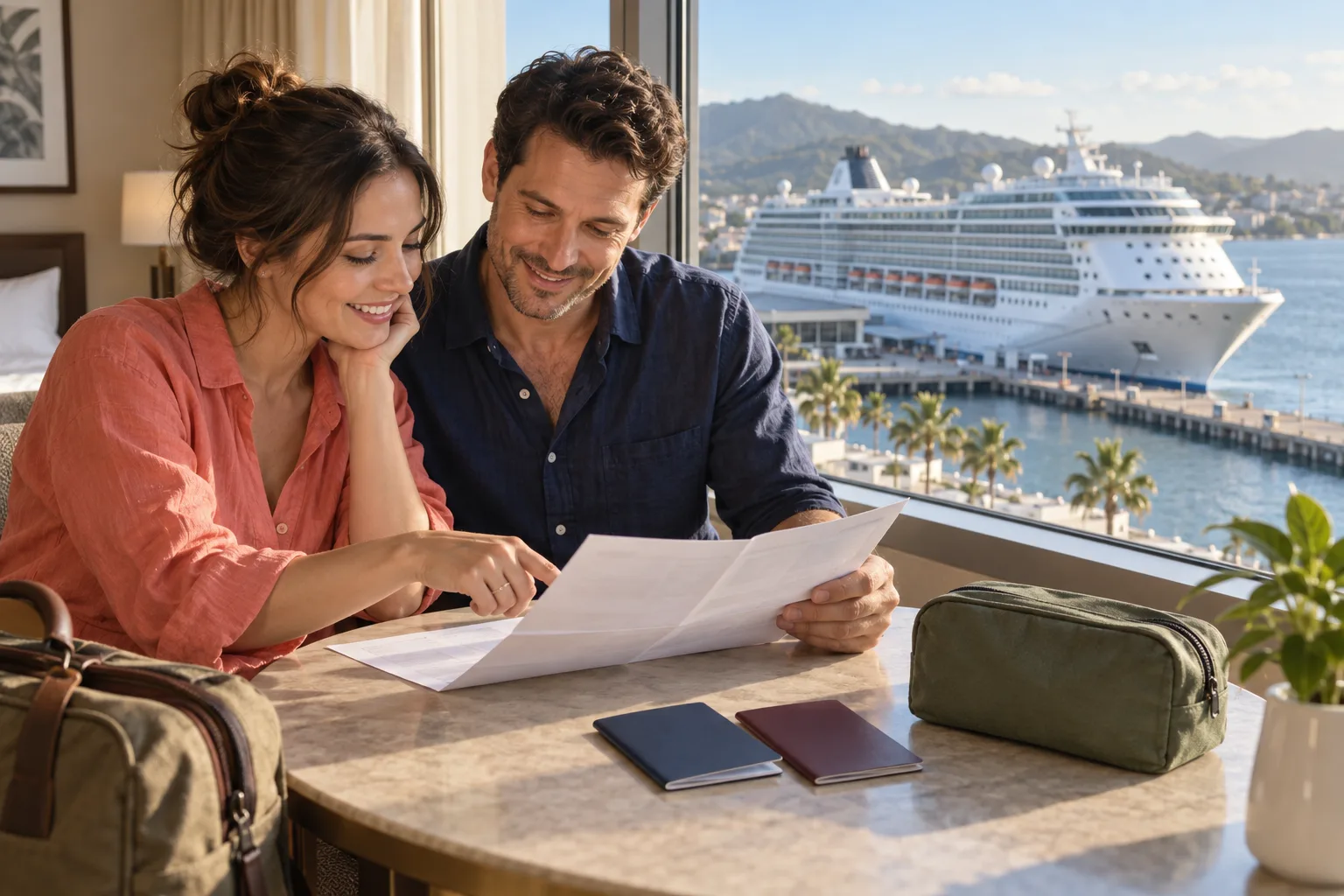 A couple reviewing cruise documents beside a window overlooking a docked passenger ship
