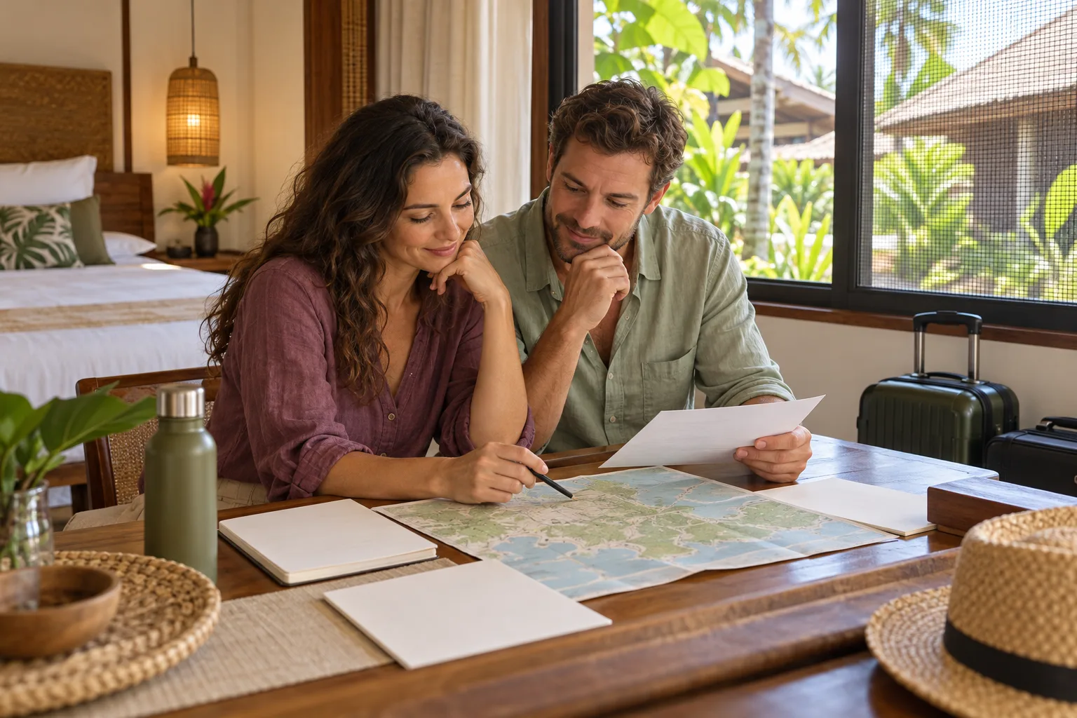 A couple checking travel health documents beside their luggage in a screened tropical hotel room