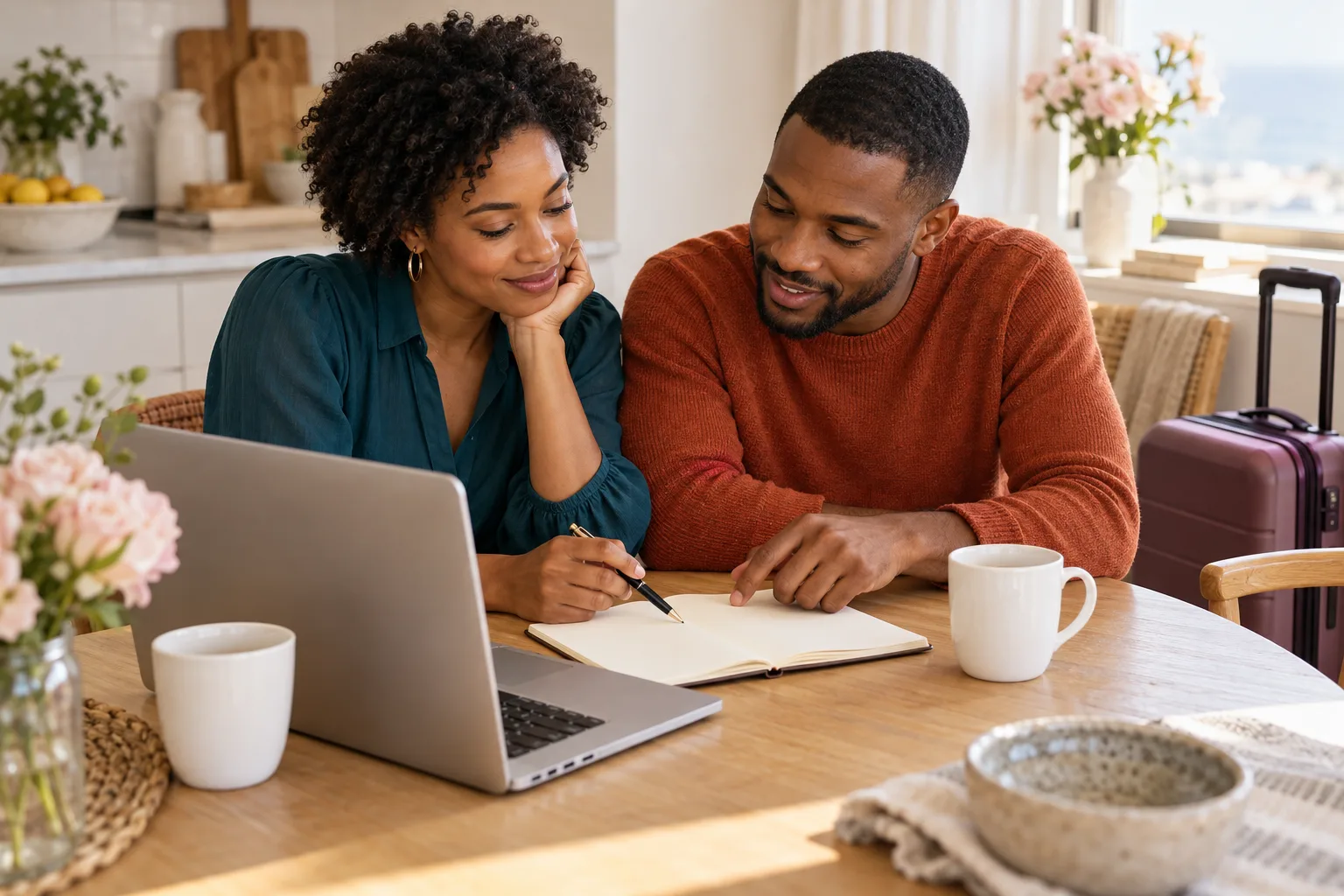A couple in teal and rust review a blank notebook beside a laptop, with a plum carry-on suitcase nearby.