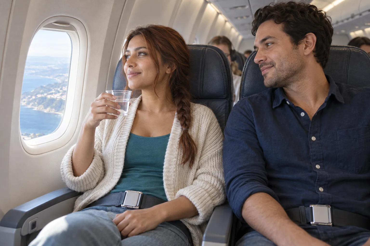 A honeymoon traveler seated upright by an aircraft window with a water cup while her partner sits beside her