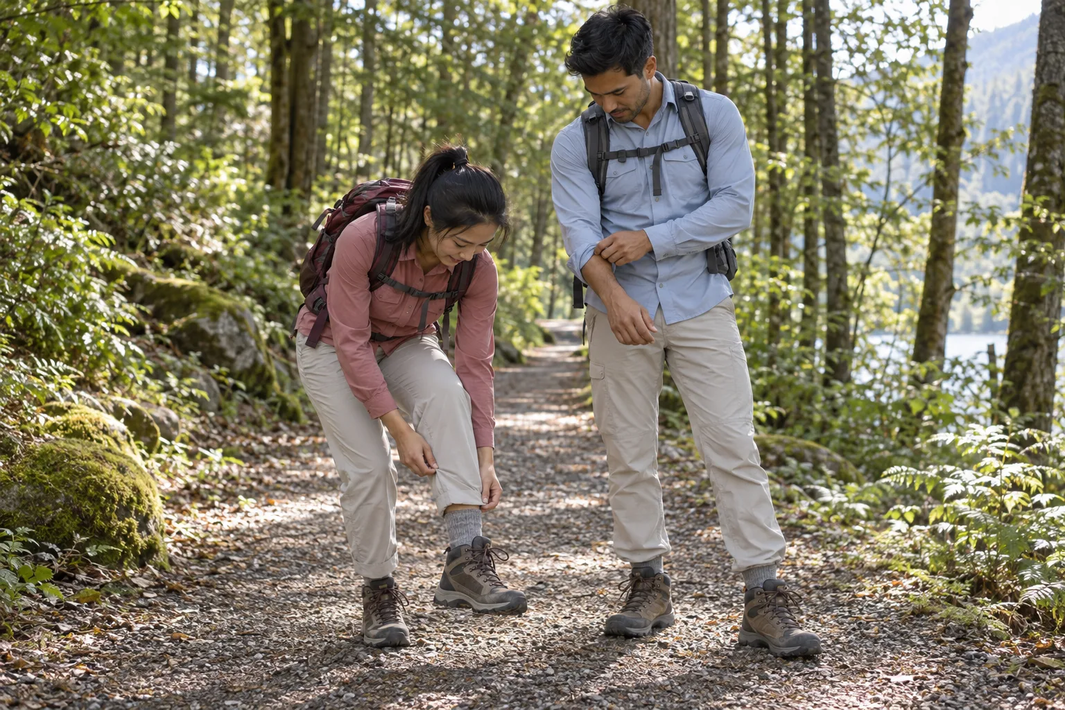 A honeymoon couple in long hiking clothes checking a trouser cuff on a broad woodland trail
