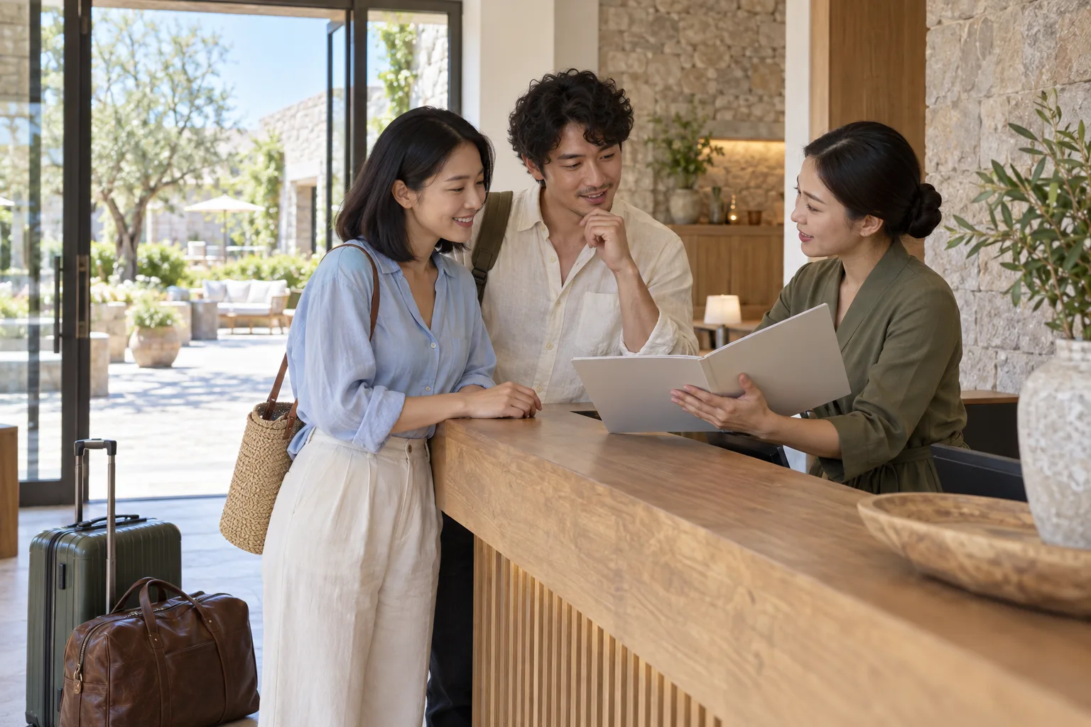A honeymoon couple reviewing a blank accommodation folder with a receptionist at a bright lodge entrance