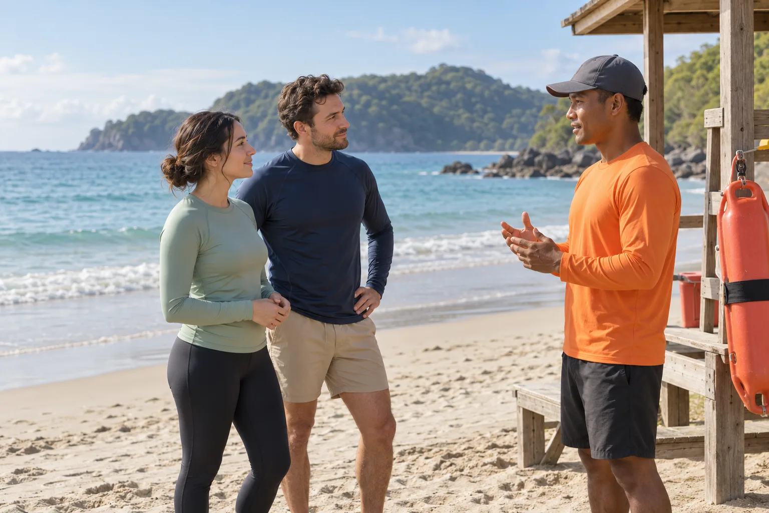 A honeymoon couple in protective swim clothing talking with a lifeguard on dry sand before entering the water