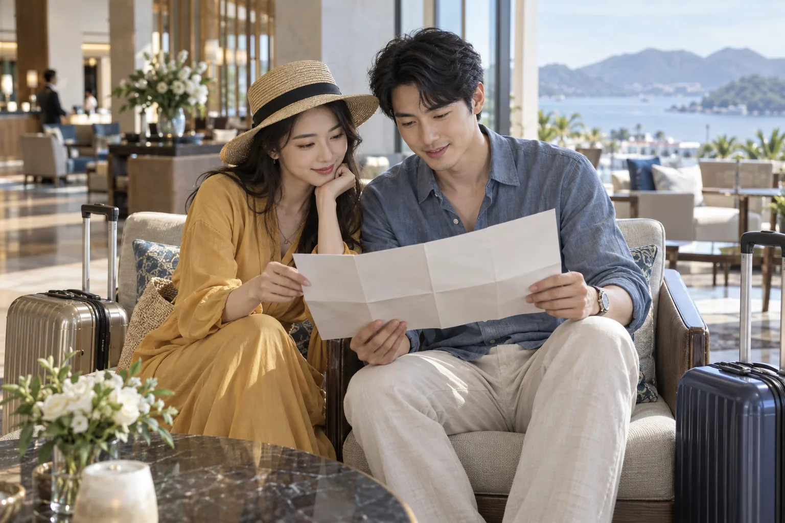 A couple in muted gold and blue travel clothing discussing arrival plans in a bright hotel lounge