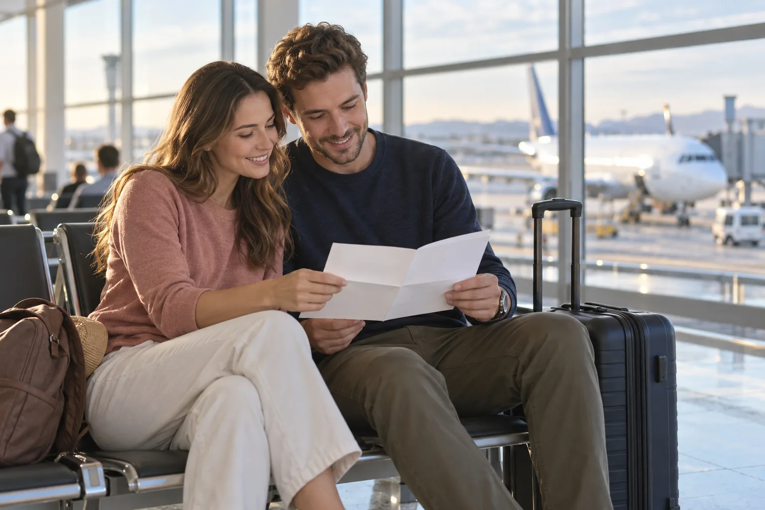 A couple in muted rose and navy travel clothes discussing their itinerary in a bright airport seating area