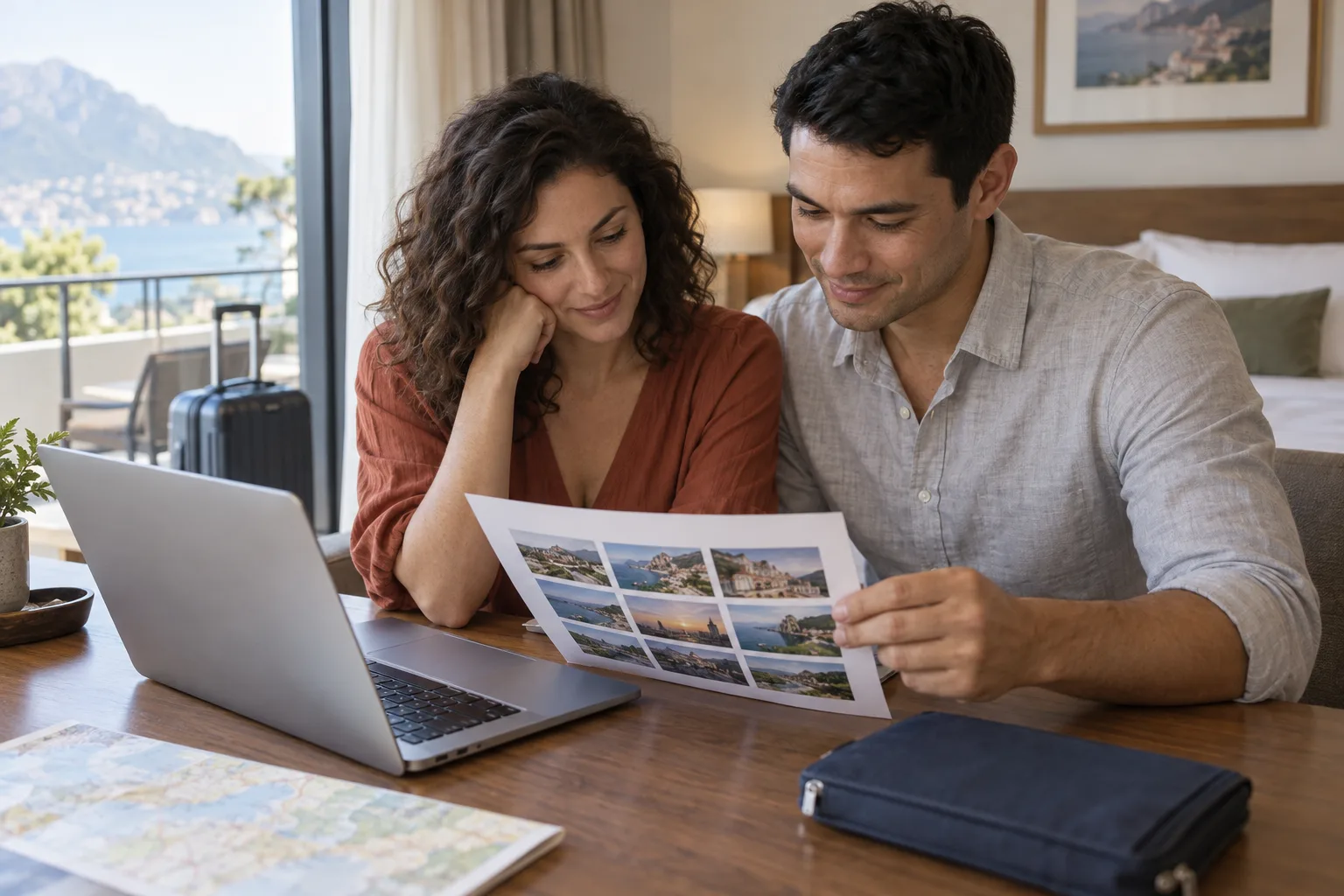 A honeymoon couple reviewing printed travel plans beside a laptop and closed document pouch at a hotel desk