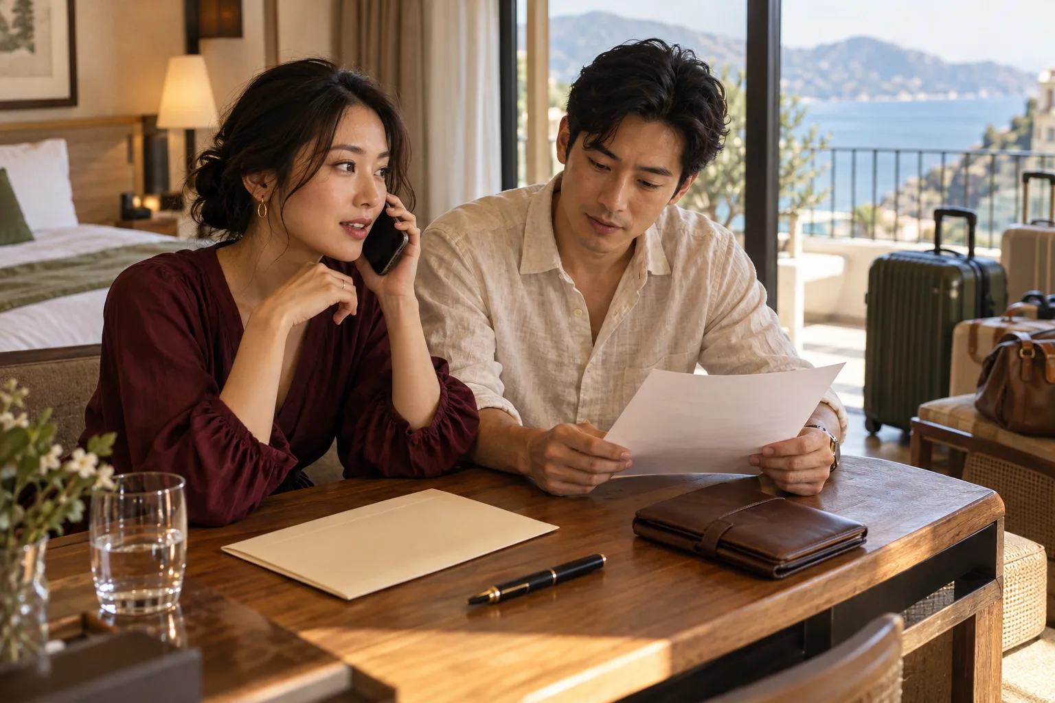 A couple at a hotel desk arranging travel by phone beside a document envelope and itinerary