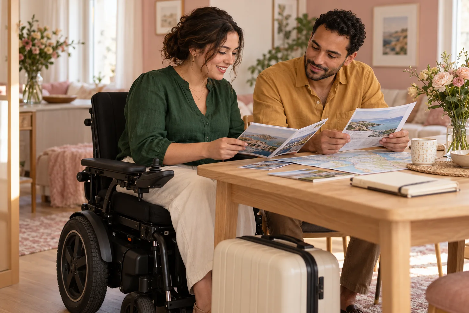 A woman in a powered wheelchair and her partner review honeymoon travel documents at home.