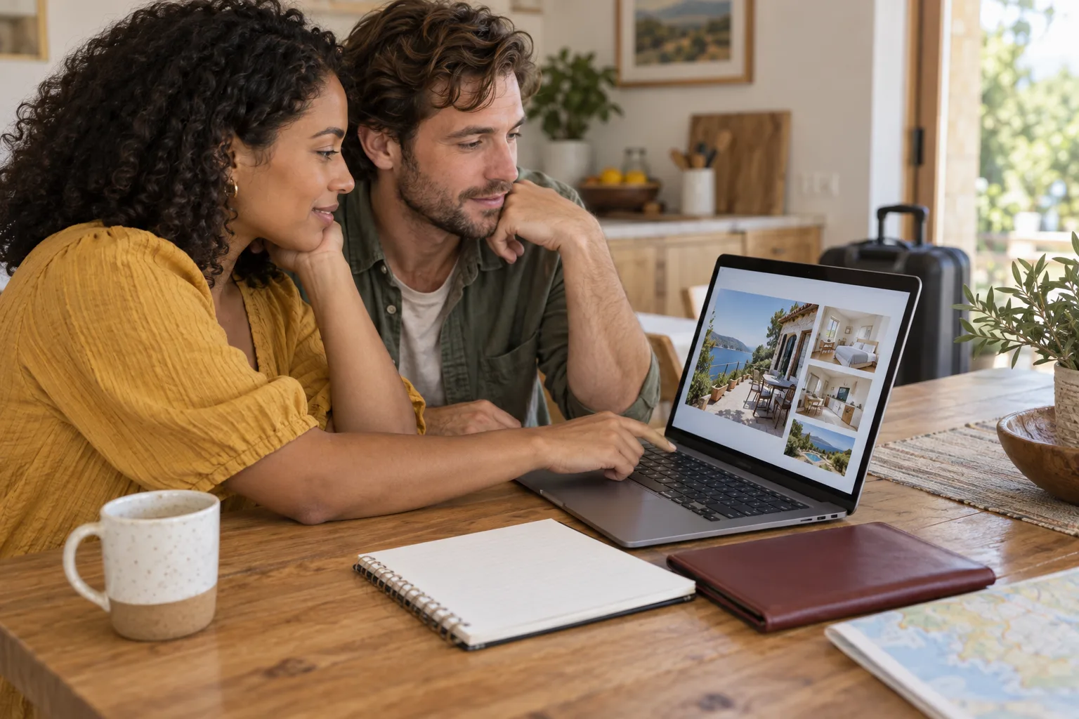 A honeymoon couple reviewing a vacation-property listing on a laptop beside a notebook and closed travel folder