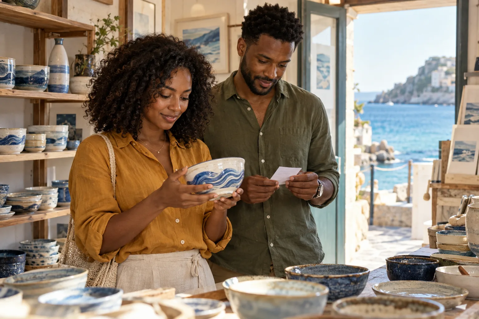 A newlywed couple looking at a ceramic wave-pattern bowl in a seaside artisan shop