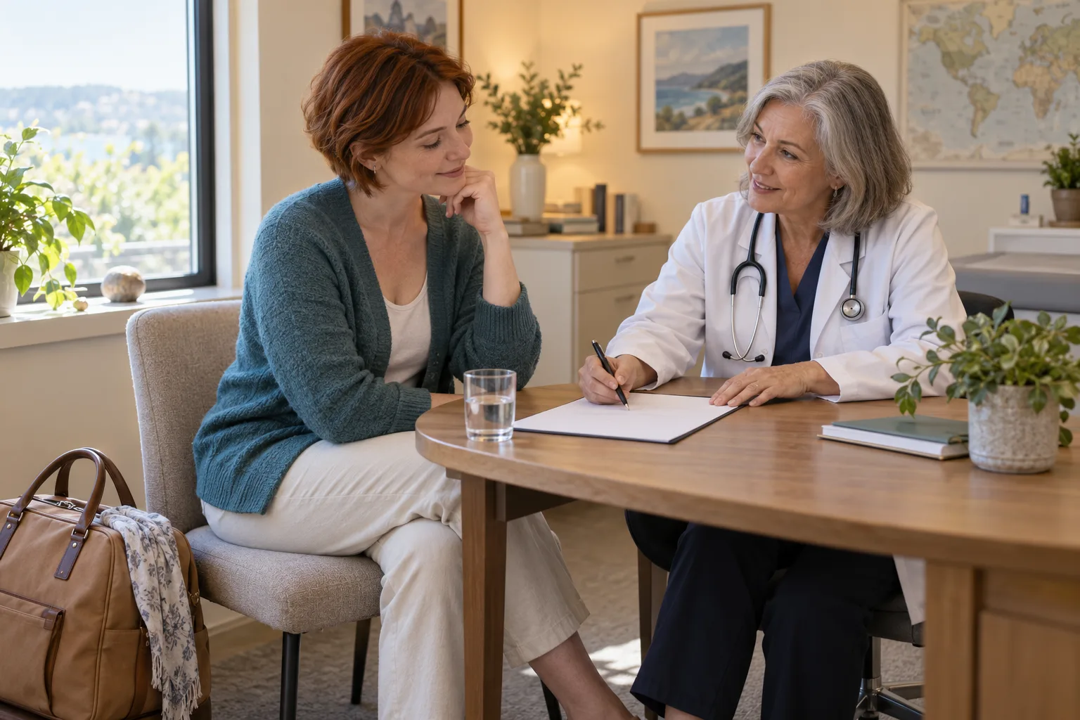 A woman reviewing a travel care plan with a clinician, with a closed travel bag beside the consultation chair