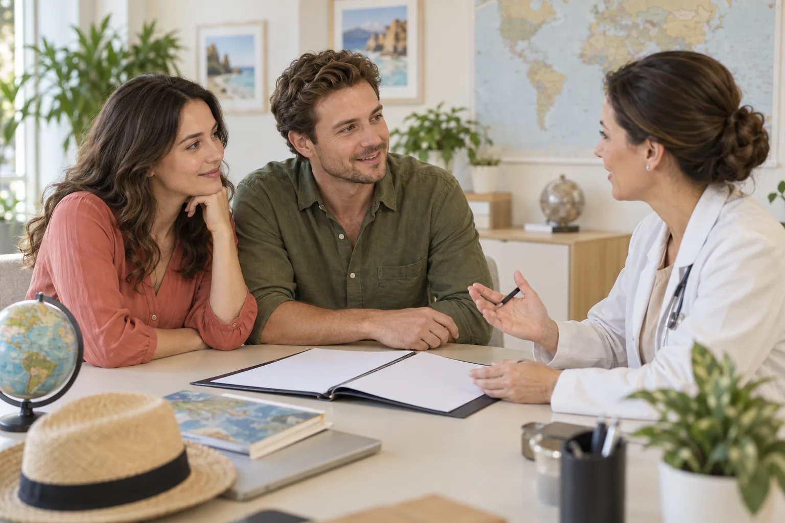 A couple discussing a travel itinerary with a clinician at a bright consultation desk